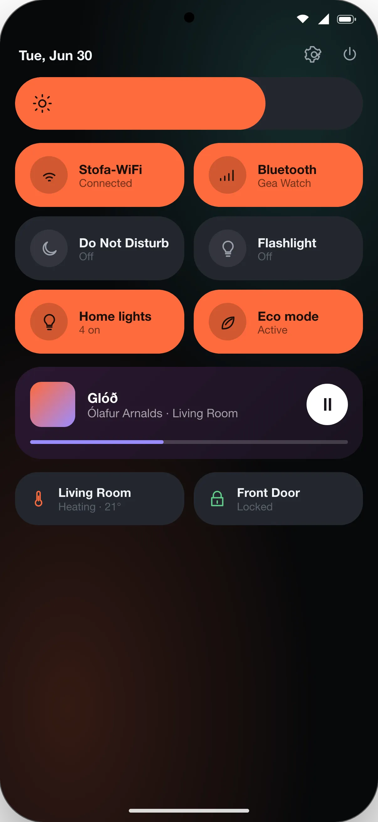 A GEA quick-settings control panel running natively on Android