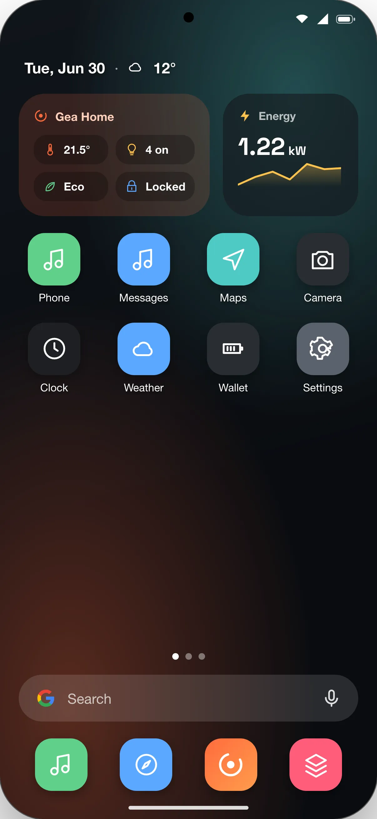 A GEA home-screen UI with live widgets running natively on Android