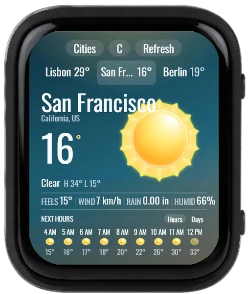 Weather app running on a geaOS smartwatch board