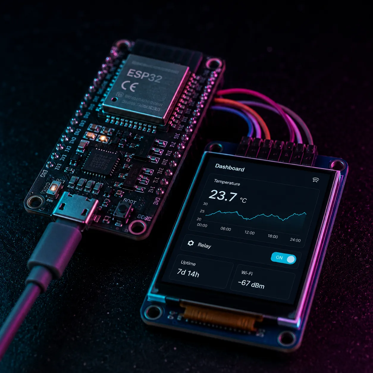 An ESP32 board running a GEA-rendered UI