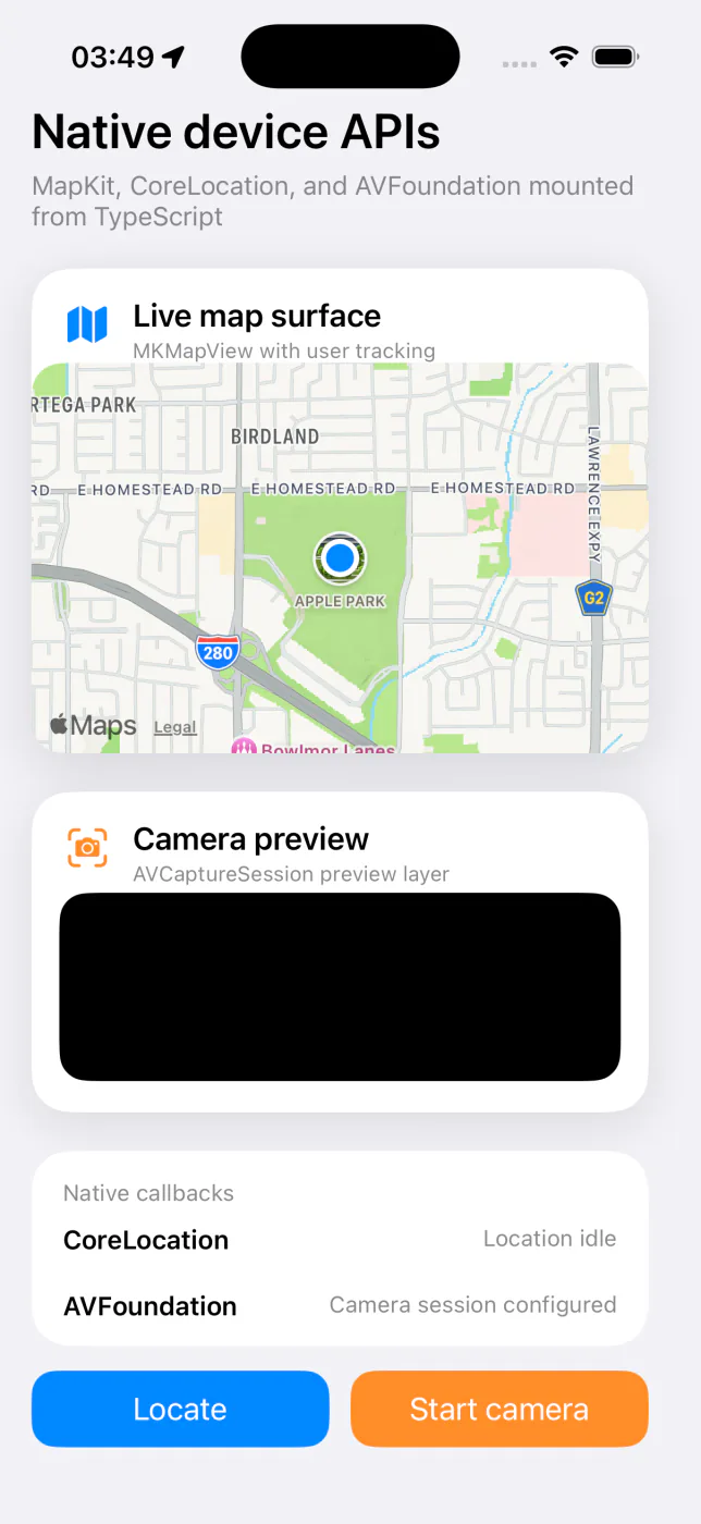 A GEA iOS app showing a live MapKit map and AVFoundation camera preview