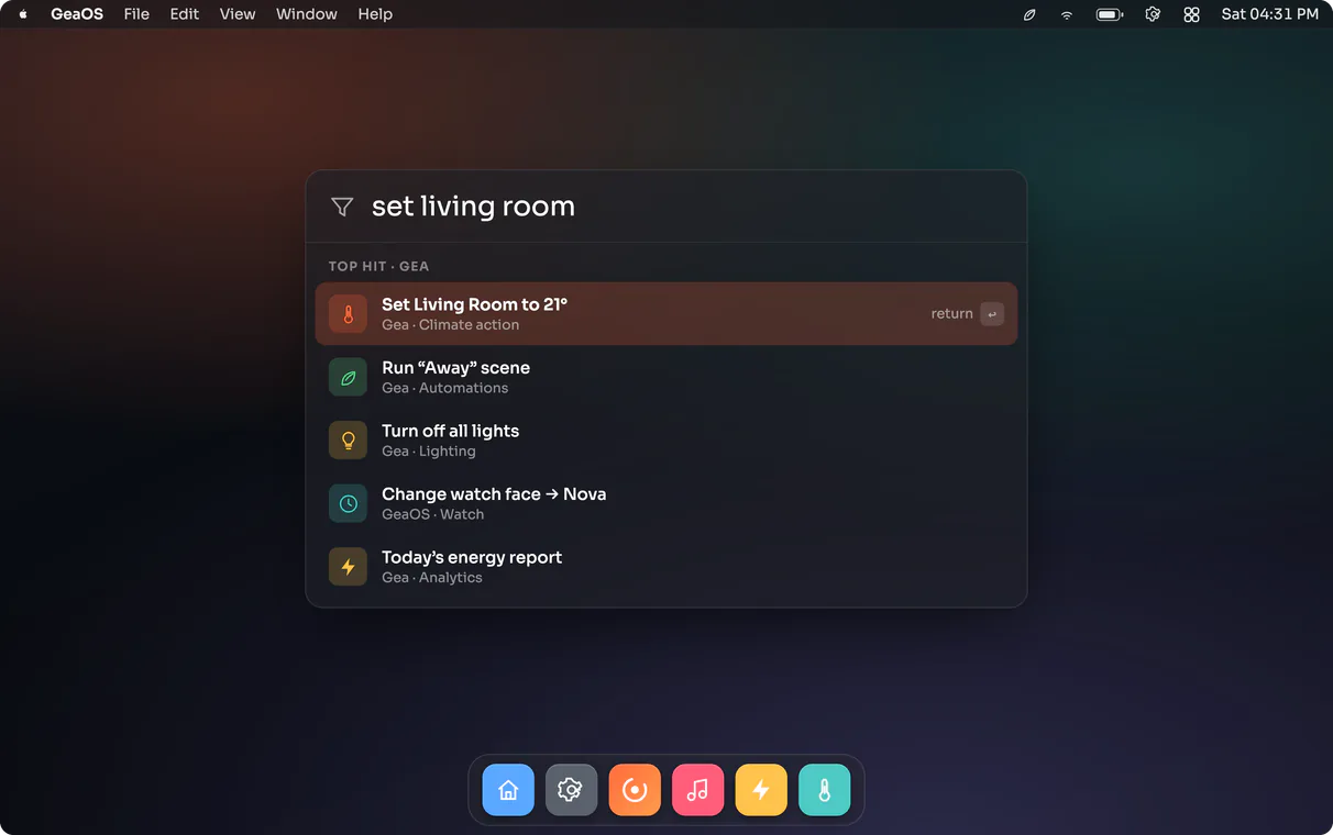 A GEA command-palette UI on macOS