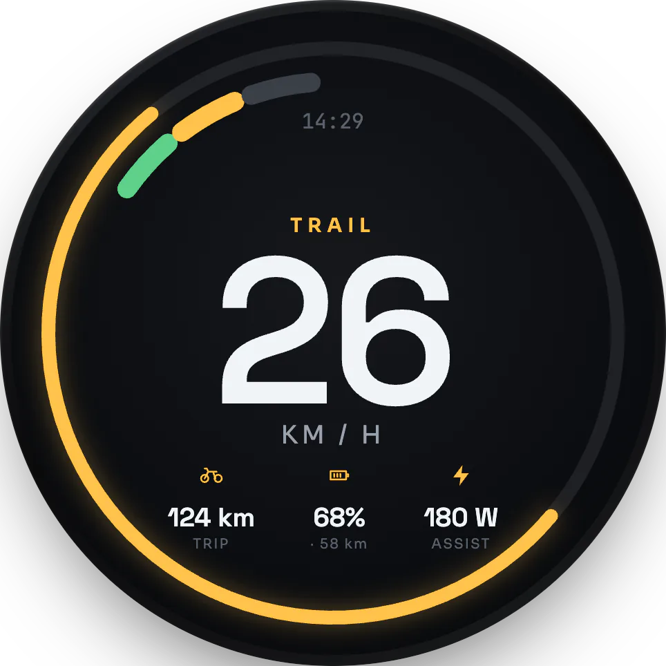 A GEA e-bike cluster UI on a round embedded MCU display
