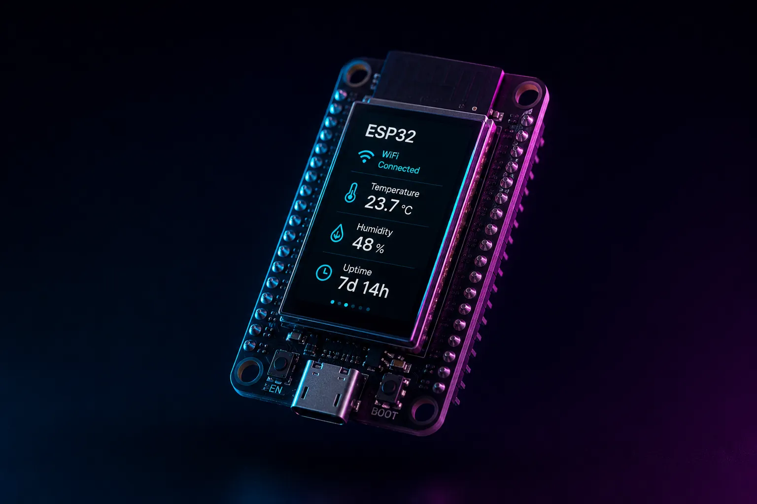 Microcontroller board with an integrated display running a GEA dashboard